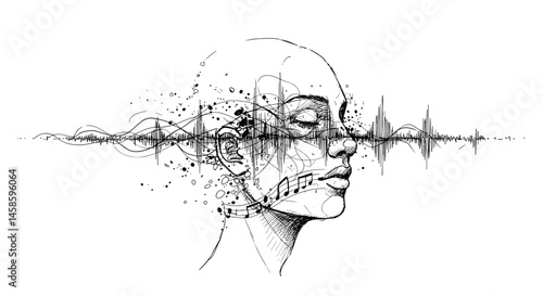 Blackwork tattoo icon. Abstract illustration of a woman with sound waves