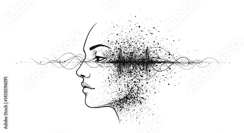 Blackwork tattoo icon. Artistic profile of woman with sound waves and abstract elements
