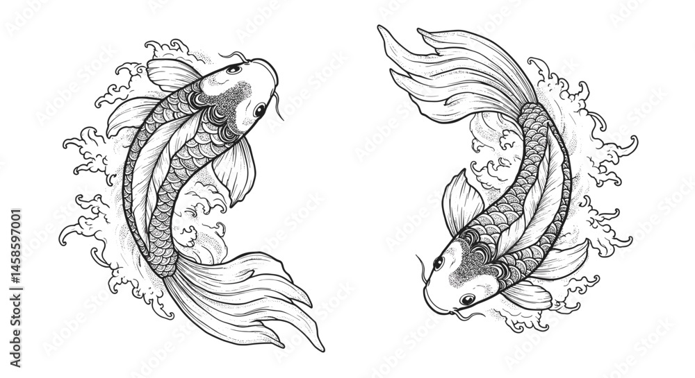 Obraz premium Blackwork tattoo icon. Koi fish swimming gracefully in swirling water