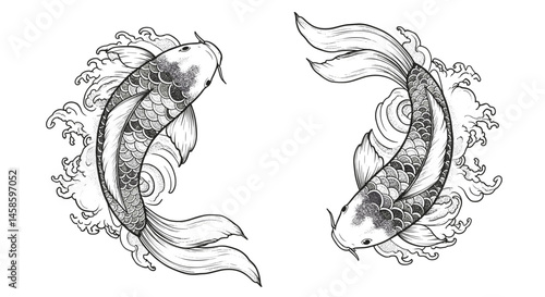 Blackwork tattoo icon. Decorative koi fish swimming in flowing waves
