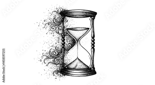Blackwork tattoo icon. Hourglass illustration with intricate details and splashes
