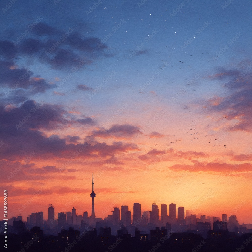 Fototapeta premium Dramatic skyline at dusk with vibrant orange and blue hues reflecting on clouds
