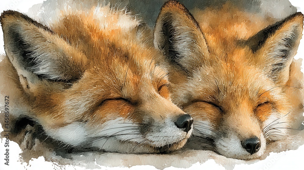 Fototapeta premium Two foxes in a watercolor style sleeping comfortably on a white background showcasing their relaxed nature