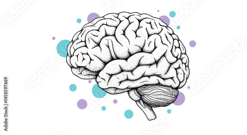 Blackwork tattoo icon. Illustration of a brain with abstract background elements