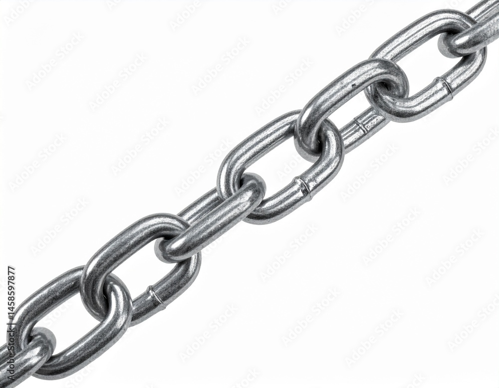Metallic chain detail. Silver links interlock diagonally across plain background in a bright, angled composition Metallic chain detail. Silver links interlock diagonally across plain background in a bright, angled composition