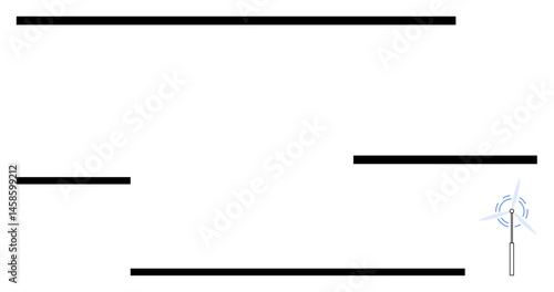 Vertical antenna emitting wireless signals with horizontal lines representing connectivity or system grid. Ideal for communication, technology, networking, innovation, connection, data sharing, flat