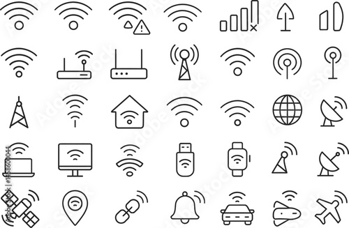 Seamless Connectivity: A clean, minimalist collection of Wi-Fi icons, antennas and router representing a range of devices, emphasizing a seamless connection. 