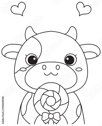 coloring book cow holding a swirl lollipop with a bow, and hearts above