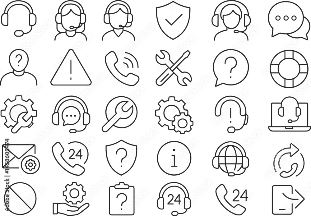 Fototapeta premium Customer Support Icon Set: A comprehensive set of minimalist line icons for customer support and service, showcasing various elements like headset, phone, email, chat, help, repair, settings.