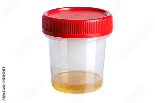 A urine sample container with a red cap and label, isolated on a transparent background.