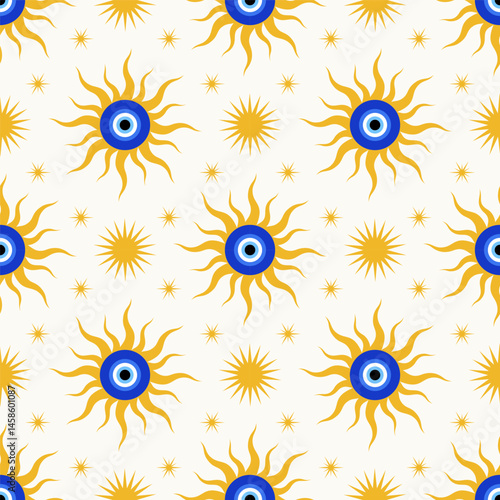 Evil eye seamless pattern. Greek vector background with blue beads and sun. Turkish magic nazar. Symbol of protection and luck. Ethnic cute amulet mystic wallpaper with astrology ornament