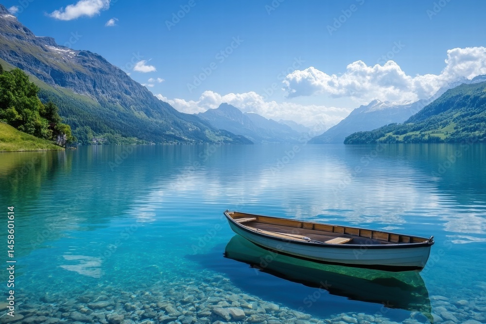Fototapeta premium Crystal clear mountain lake with two wooden boats