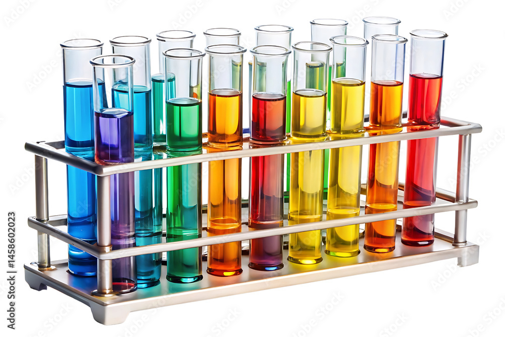 Close-up of several glass test tubes filled with colorful liquids, isolated on a transparent background. Close-up of several glass test tubes filled with colorful liquids, isolated on a transparent background.