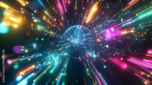 Vibrant, colorful digital artwork of a celestial body in motion.