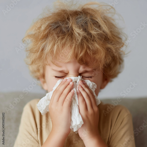 toddler blowing their nose with a tissue on a couch, close-up shot of a sick child in a t-shirt holding a handkerchief and sneezing due to a cold or common cold-like illness, stock footage