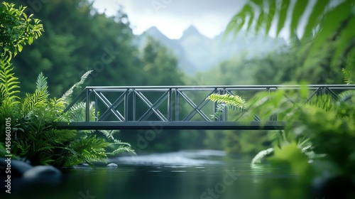 A serene view of a modern bridge over a tranquil river, surrounded by lush greenery.