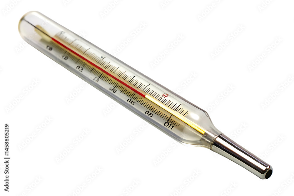 A glass thermometer with a visible mercury line, isolated on a transparent background. A glass thermometer with a visible mercury line, isolated on a transparent background.
