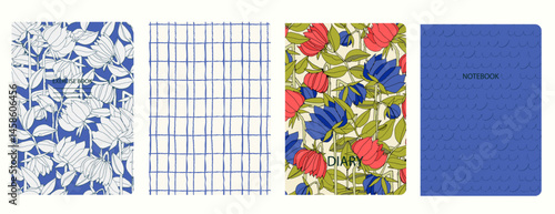 Set of cover page templates with hand drawn flowers, branches, leaves. Based on seamless patterns. Backgrounds for notebooks, notepads, diaries. Headers isolated and replaceable