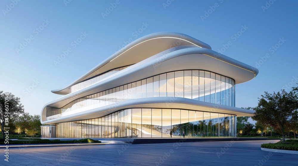 Obraz premium Futuristic architecture showcasing elegant curves and glass facades in evening light.