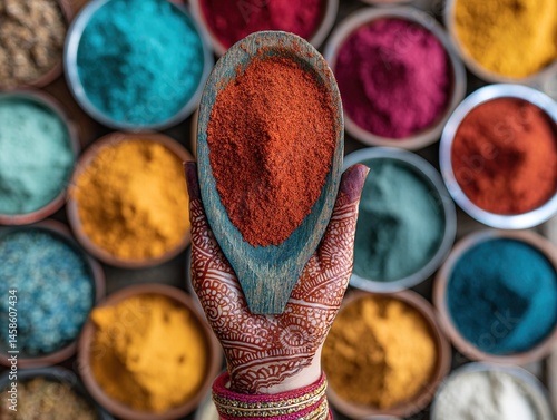 Fototapeta Naklejka Na Ścianę i Meble -  Henna hand holding spoon of red spice with colorful powdered spices in clay bowls and wooden background in traditional market setting