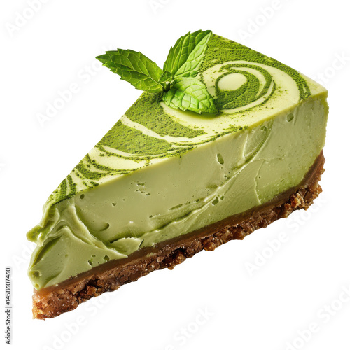 Matcha cheesecake slice with distinct green layers and creamy texture, indulgent dessert, Isolated Transparent Background