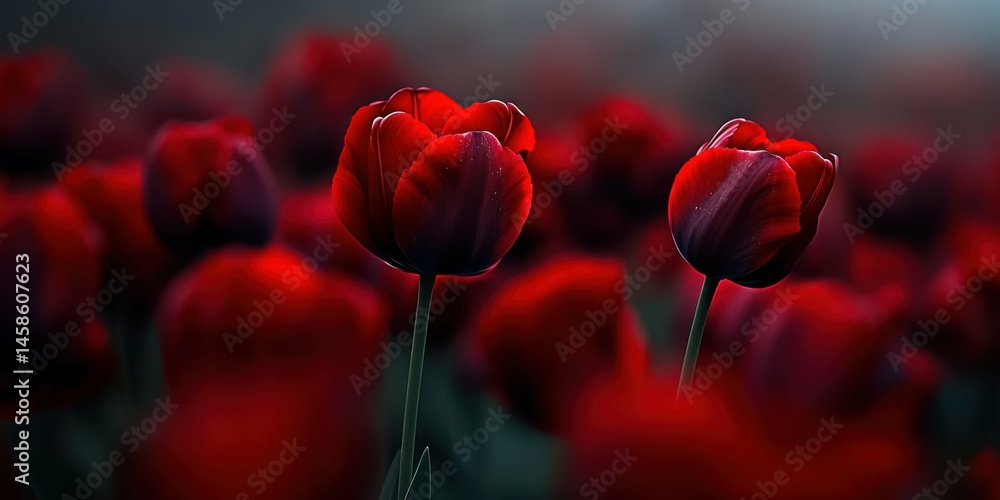 Fototapeta premium Two red flowers are in the foreground of a field of red flowers. The flowers are in full bloom and are surrounded by other red flowers. Concept of beauty and serenity, as the flowers are in full bloom