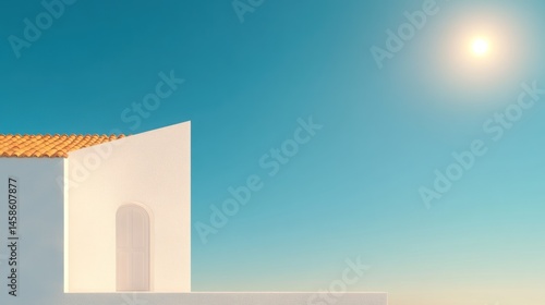 Mediterranean Minimalist Architecture: Sunlit White House with Orange Roof Tiles Under a Clear Blue Sky