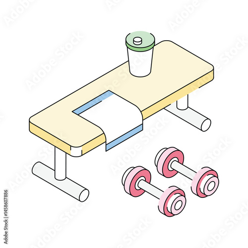 Check out our premium isometric icon depicting gym bench with dumbbells