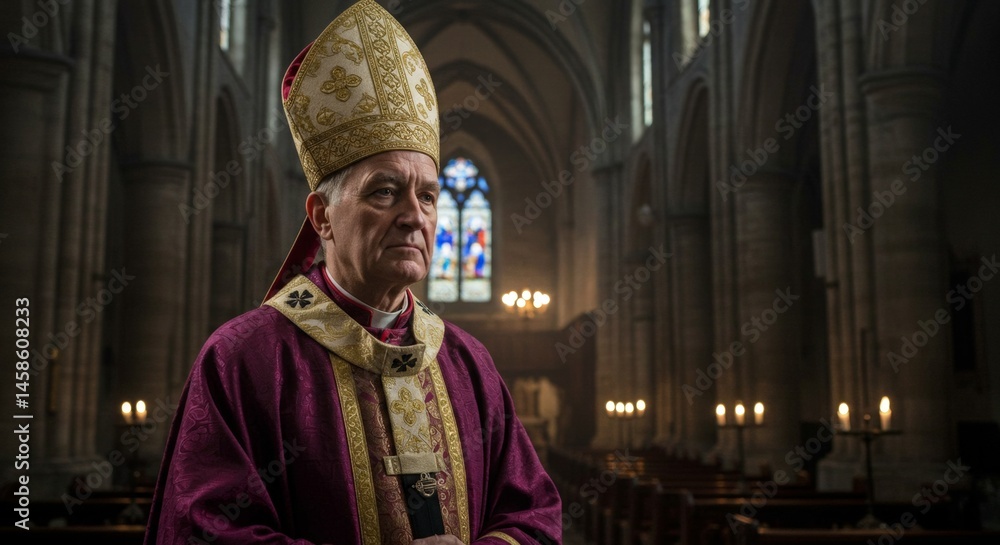 Naklejka premium Solemn bishop standing in cathedral in lit vestments