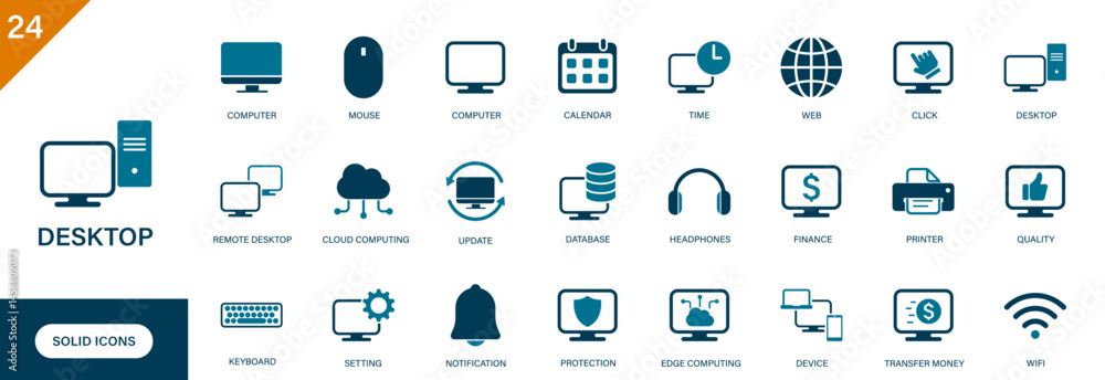 Desktop icon. Containing computers, information technology, peripherals, printers,... Solid vector icons set. Desktop icon. Containing computers, information technology, peripherals, printers,... Solid vector icons set.