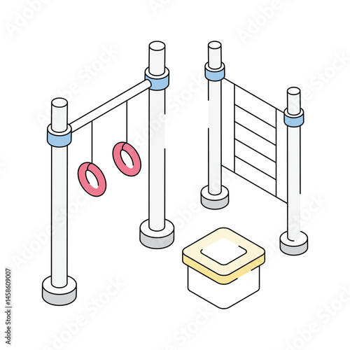 Easy to edit isometric icon showing workout poles with gymnastic rings