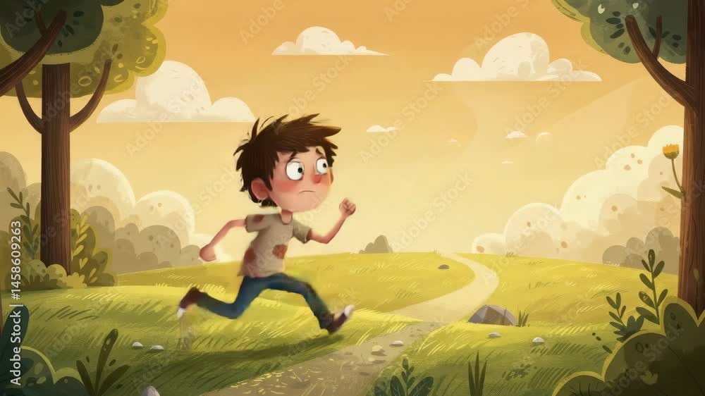 Scared Boy Running Through Sunny Meadow - A cartoon illustration of a frightened boy running along a path in a sunny meadow.  Trees and rolling hills surround him