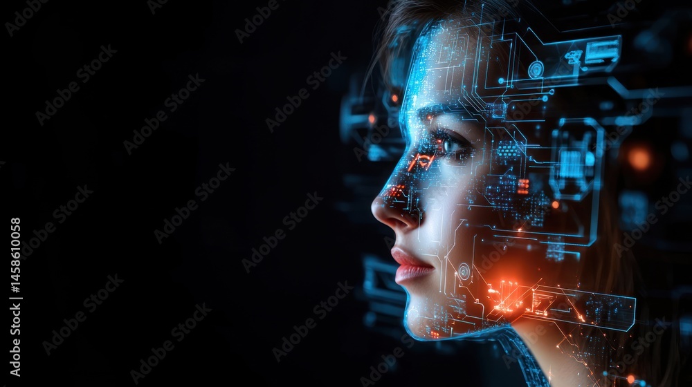 Fototapeta premium Futuristic woman digital interface ai technology and innovation concept