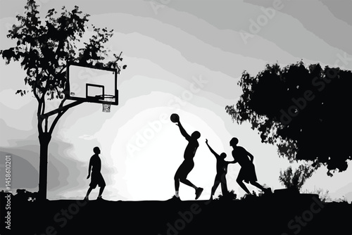 Silhouette Of Basketball Players On Outdoor Court At Sunset Artistic Illustration