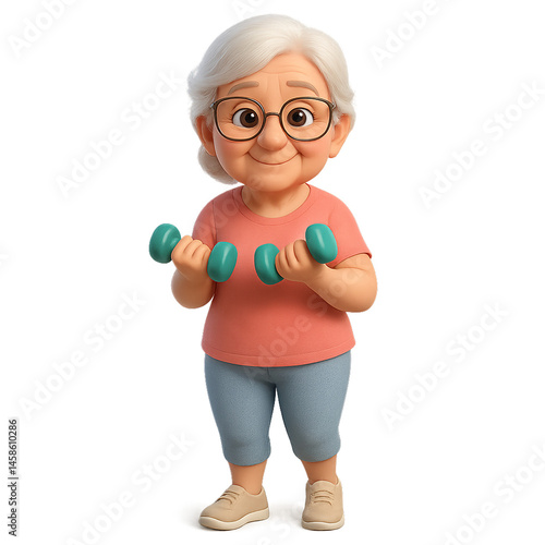 Animated elderly woman exercising with dumbbells in bright colors  