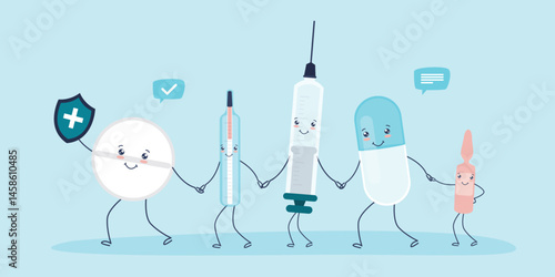 Different medical pills and tools hand by hand. Funny mascots with faces. Healthcare, pharmacy, first aid kit, medicine. Treatment, health protection.