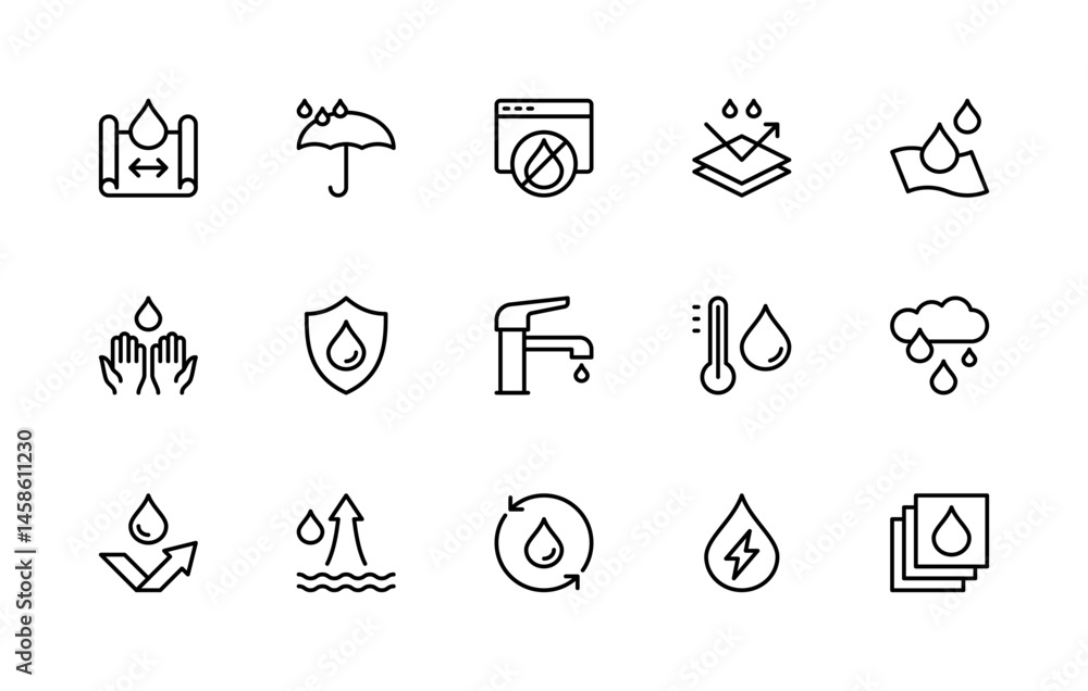 Fototapeta premium Water resistance related vector linear icons set. Isolated icon collection such as textile, smart devices, rain, umbrella, drop and more.