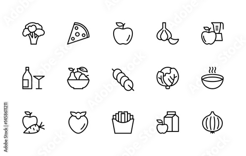 Food related vector linear icons set. Isolated icon collection such as broccoli, pizza, apple, garlic, blender and more.