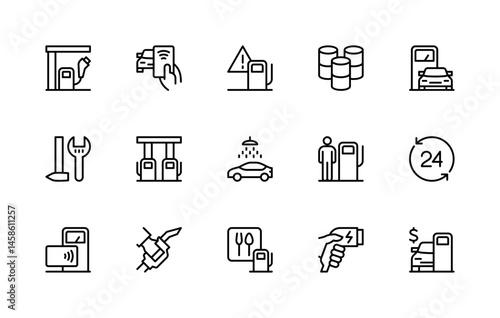 Petrol station related vector linear icons set. Isolated icon collection such as maintenance, wash, gas station, petrol pump and more.