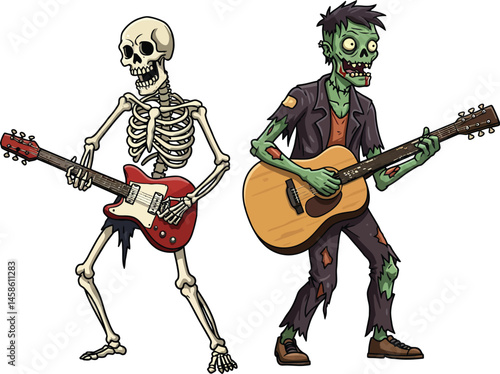 Funny Cartoon Undead Band - Skeleton and Zombie Guitarists for Halloween Party