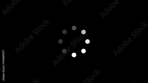 Loading icon with circular white dots on black background, digital buffering animation, abstract wait indicator, technology interface element, seamless graphic for online processes, UI/UX design asset