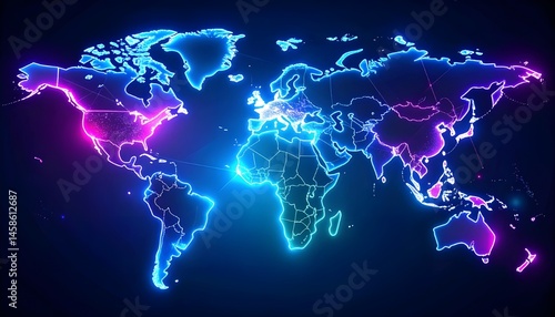 Neon Glowing World Map with Futuristic Cyberpunk Aesthetic on Dark Background