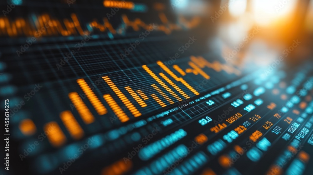 Stock market data shown in an abstract digital display with rising trends. Stock market data shown in an abstract digital display with rising trends.