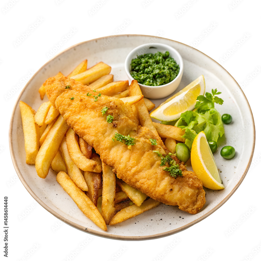 Crispy fish and fries in plate isolated on transparent background Crispy fish and fries in plate isolated on transparent background