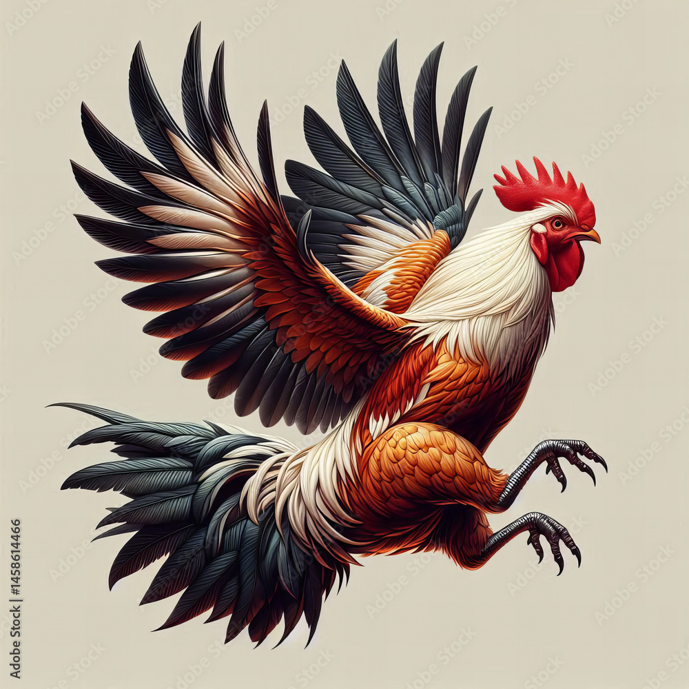 Obraz premium Rooster in Mid-Flight with Outstretched Wings