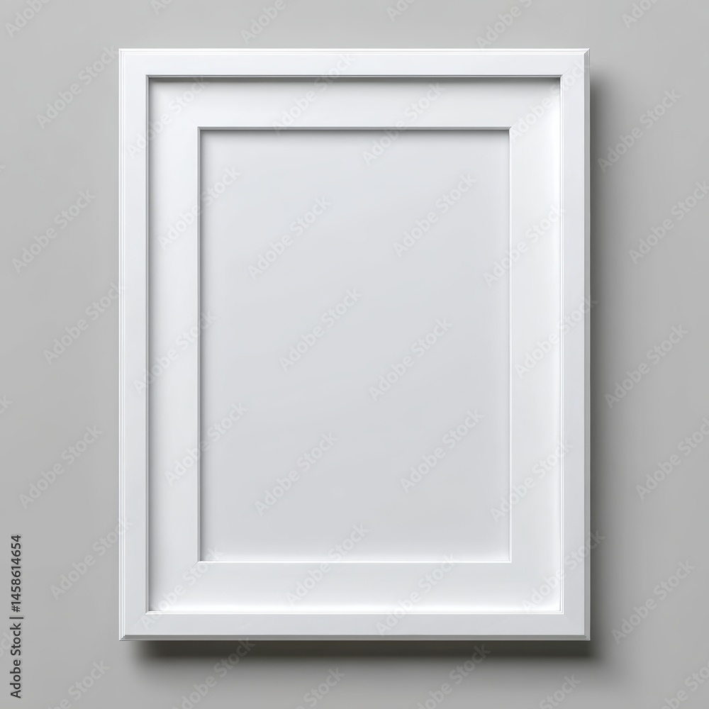 Minimalist white picture frame with clean lines, displayed on a light gray wall, empty and ready for art or photo display. Minimalist white picture frame with clean lines, displayed on a light gray wall, empty and ready for art or photo display.