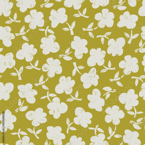 Seamless pattern with hand drawn meadow bold flowers. Floral Block Prints inspired by printmaking that uses wooden blocks to transfer repeating designs onto textiles.