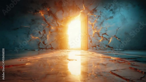 A glowing door set in a cracked wall emits bright light, reflecting on a shiny, fractured floor in a surreal and dramatic setting. Glowing doorway symbolism. 