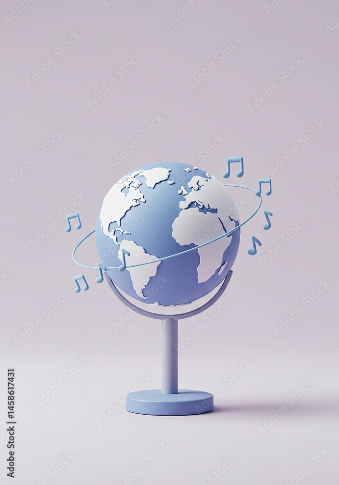 Fototapeta premium Earth globe with musical notes orbiting it on a stand. Concept of world music day and global melody. Suitable for banner poster for advertising cultural event.