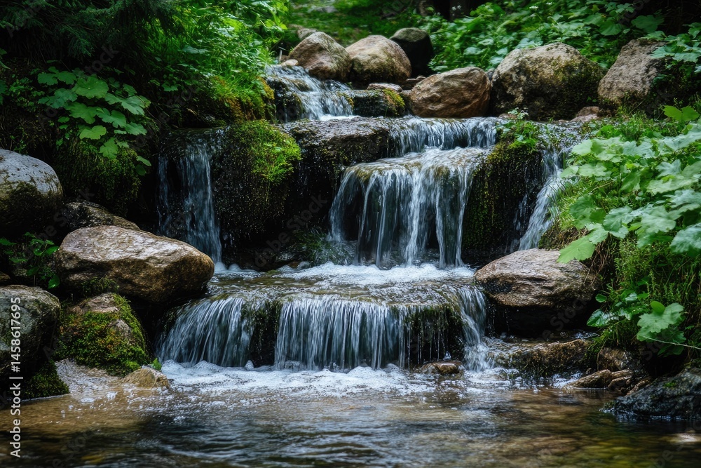 Cascading waterfall in a lush forest. Small stream flows over smooth rocks Cascading waterfall in a lush forest. Small stream flows over smooth rocks